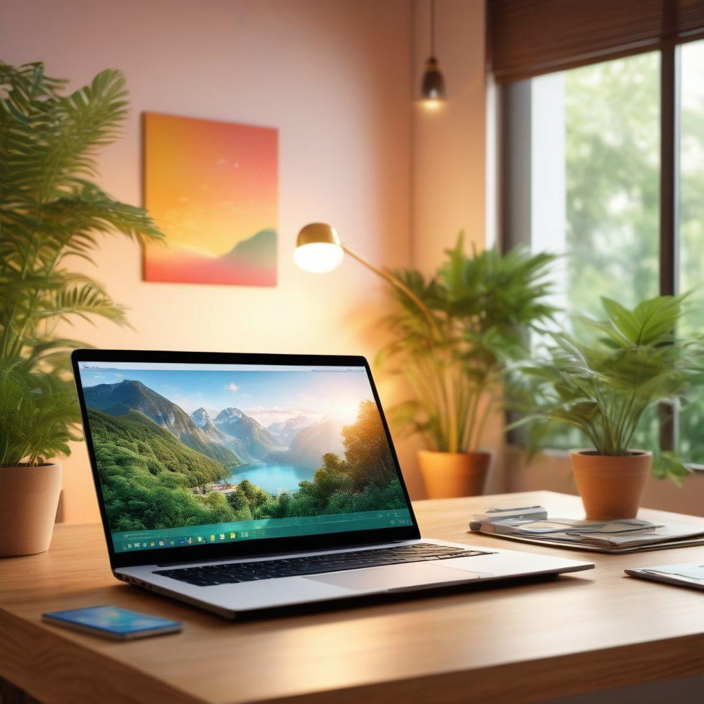 A serene, modern workspace featuring a laptop displaying smooth, flowing transactions, with joyful people exchanging money effortlessly. Soft, warm lighting enhances the atmosphere of ease and satisfaction. Overlay graphical elements like charts and digital currency symbols to signify financial solutions. The background is filled with greenery and calming colors that symbolize joy and peace in finance. super-realistic. vibrant colors. 3D.